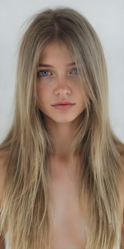 full upper body, a young girl, soft straight very long hair, her hair falls over her upper body and covers her front, ((detailed and realistic)), stunning, gorgeous