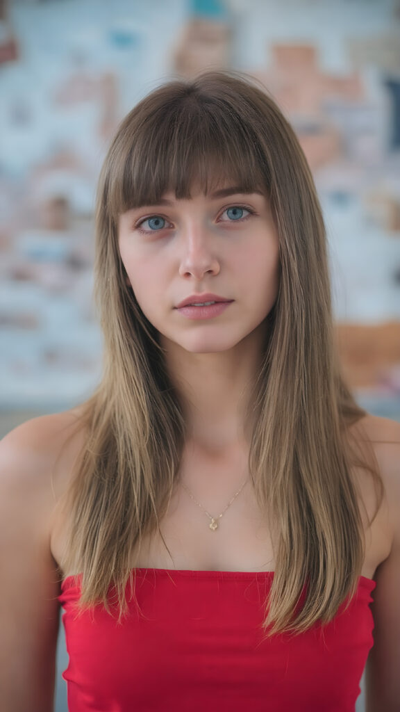 full upper body, a young cute girl, 18 years old, perfect female fit body, short dressed in a cropped tube top in red, long straight hair, bangs, no necklace Photograph Portrait Symmetrical Close-up Sharp focus Warm tones Hyper-detailed