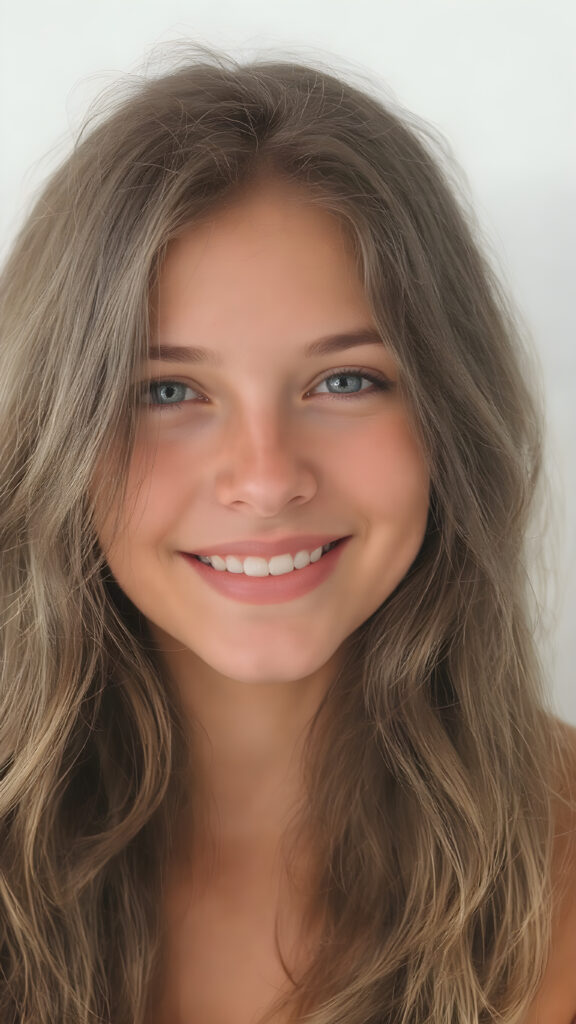 full upper body portrait, a young, beautiful girl, 23 years old, with brown, soft hair enjoys life. She radiates joy. Her eyes shine. She has a wonderful, gentle face.