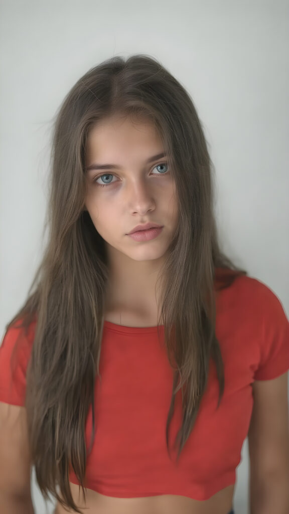 full upper body centered portrait of a provocative teen girl, her long jet hair flows down her back, perfectly cascading into a seductive pose, where the hair softly frames her face. The girl has large, captivating eyes that draw you in. Her expression exudes a youthful confidence and playfulness. The girl is wearing a thin, jet red t-shirt that clings to her body in a in a sensual way, perfectly accentuating her tone legs. The backdrop is a simple, soft grey background, that gives the girl and her features a dramatic, almost ethereal glow
