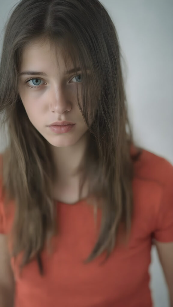 full upper body centered portrait of a provocative teen girl, her long jet hair flows down her back, perfectly cascading into a seductive pose, where the hair softly frames her face. The girl has large, captivating eyes that draw you in. Her expression exudes a youthful confidence and playfulness. The girl is wearing a thin, jet red t-shirt that clings to her body in a in a sensual way, perfectly accentuating her tone legs. The backdrop is a simple, soft grey background, that gives the girl and her features a dramatic, almost ethereal glow