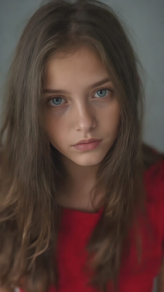 full upper body centered portrait of a provocative teen girl, her long jet hair flows down her back, perfectly cascading into a seductive pose, where the hair softly frames her face. The girl has large, captivating eyes that draw you in. Her expression exudes a youthful confidence and playfulness. The girl is wearing a thin, jet red t-shirt that clings to her body in a in a sensual way, perfectly accentuating her tone legs. The backdrop is a simple, soft grey background, that gives the girl and her features a dramatic, almost ethereal glow
