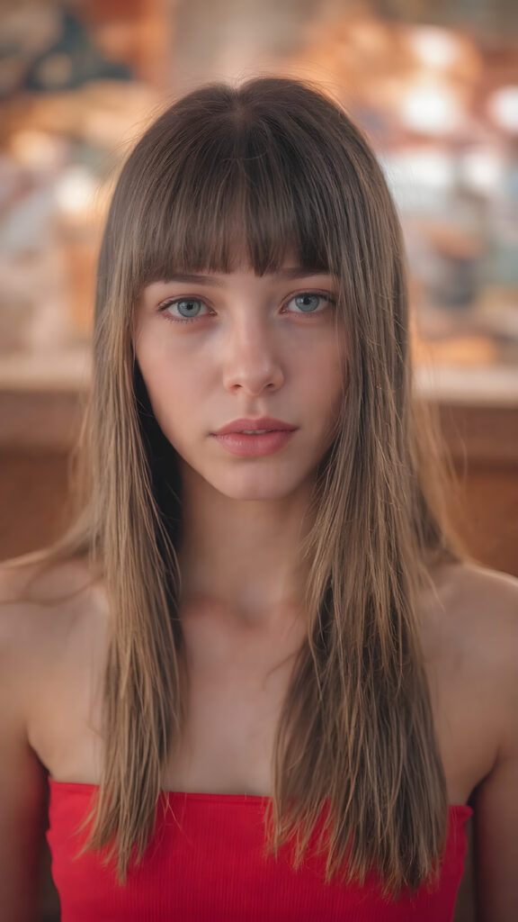 full upper body, a young cute girl, 18 years old, perfect female fit body, short dressed in a cropped tube top in red, long straight hair, bangs, no necklace Photograph Portrait Symmetrical Close-up Sharp focus Warm tones Hyper-detailed