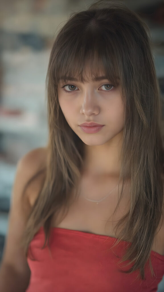 full upper body, a young cute girl, 18 years old, perfect female fit body, short dressed in a cropped tube top in red, long straight hair, bangs, no necklace Photograph Portrait Symmetrical Close-up Sharp focus Warm tones Hyper-detailed
