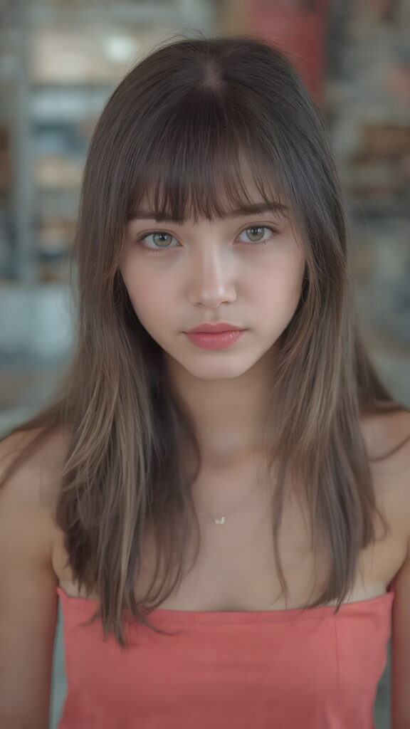 full upper body, a young cute girl, 18 years old, perfect female fit body, short dressed in a cropped tube top in red, long straight hair, bangs, no necklace Photograph Portrait Symmetrical Close-up Sharp focus Warm tones Hyper-detailed