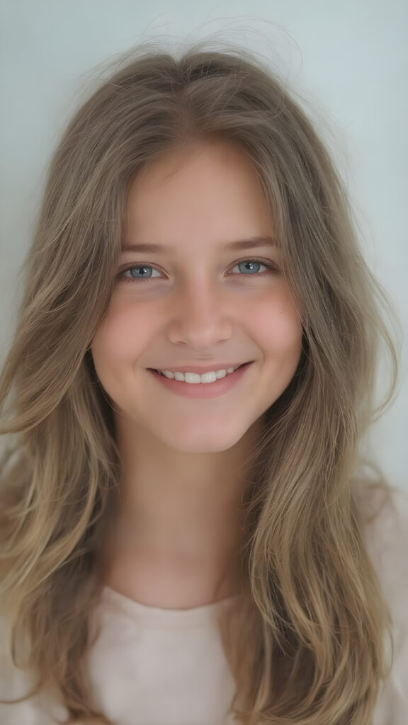 full upper body portrait, a young, beautiful girl, 23 years old, with brown, soft hair enjoys life. She radiates joy. Her eyes shine. She has a wonderful, gentle face.