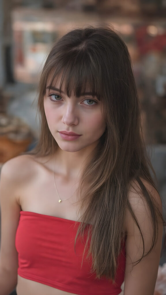 full upper body, a young cute girl, 18 years old, perfect female fit body, short dressed in a cropped tube top in red, long straight hair, bangs, no necklace Photograph Portrait Symmetrical Close-up Sharp focus Warm tones Hyper-detailed