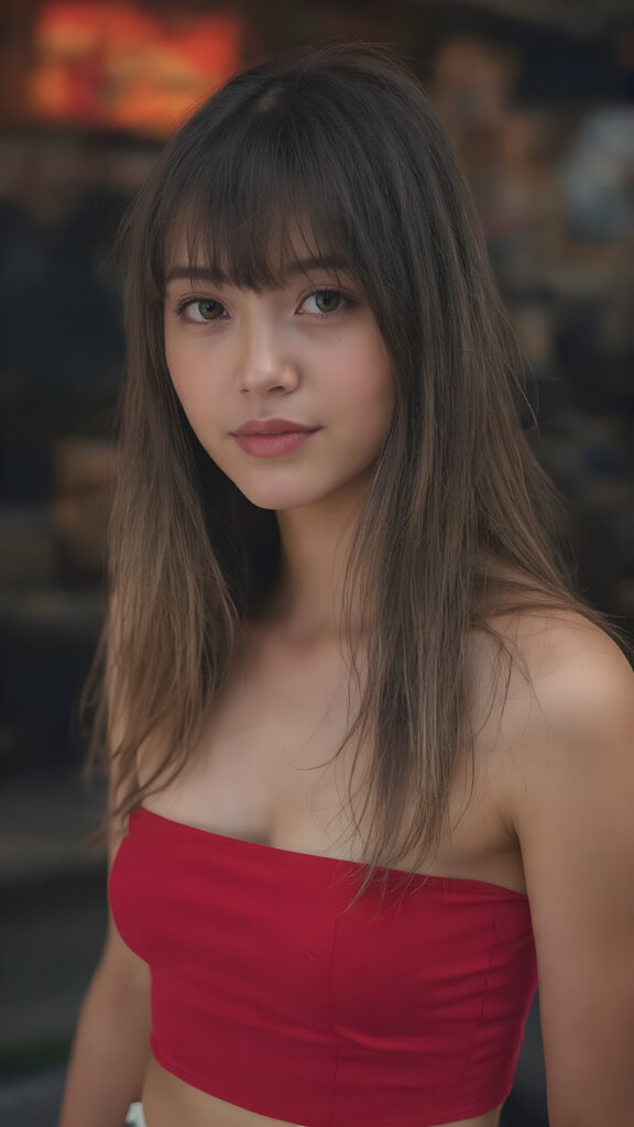 full upper body, a young cute girl, 18 years old, perfect female fit body, short dressed in a cropped tube top in red, long straight hair, bangs, no necklace Photograph Portrait Symmetrical Close-up Sharp focus Warm tones Hyper-detailed