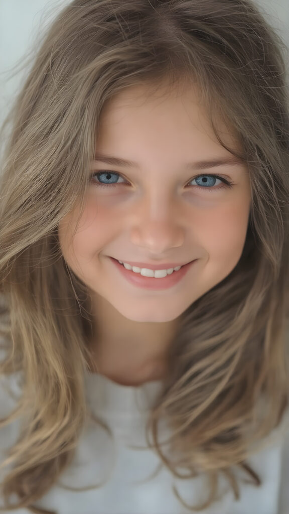 full upper body portrait, a young, beautiful girl, 23 years old, with brown, soft hair enjoys life. She radiates joy. Her eyes shine. She has a wonderful, gentle face.