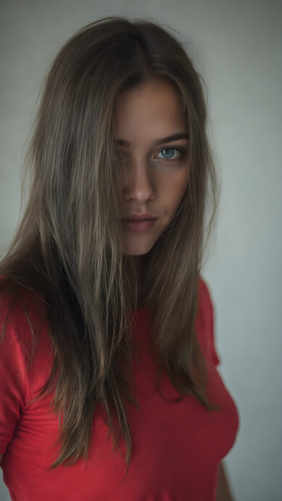 full upper body centered portrait of a provocative teen girl, her long jet hair flows down her back, perfectly cascading into a seductive pose, where the hair softly frames her face. The girl has large, captivating eyes that draw you in. Her expression exudes a youthful confidence and playfulness. The girl is wearing a thin, jet red t-shirt that clings to her body in a in a sensual way, perfectly accentuating her tone legs. The backdrop is a simple, soft grey background, that gives the girl and her features a dramatic, almost ethereal glow