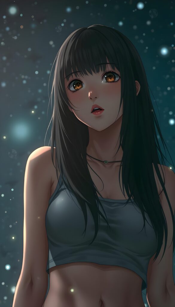 generate a photorealistic image of a (((realistically anime drawn passionate emo girl with long soft black straight hair, wears a short form-fitting cropped tank top, caught in a moment of surprise))) featuring intricate details and realistic textures that mimic the look of (((amber eyes))), paired with a (((starry night sky))) backdrop. The scene should embody the (((passionately emotive style))) associated with the name, bringing together the (softly twinkling starlight) and (deeply felt emotional depth) that define this captivating aesthetic