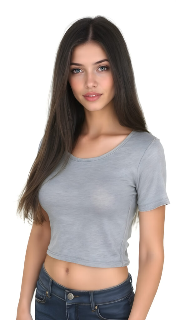generate me a beautiful, detailed and realistic well busty girl with soft long black straight hair, round, beautiful face, light blue eyes, plump lips, full mouth, perfect body, she wears a short, ((tight cropped grey t-shirt with deep neck)), belly button, has a feminine shaped body, she wears short, tight jeans pants, her smooth legs are flawless, ((side view)), white teeth and smile, light grey backdrop, 200 mm