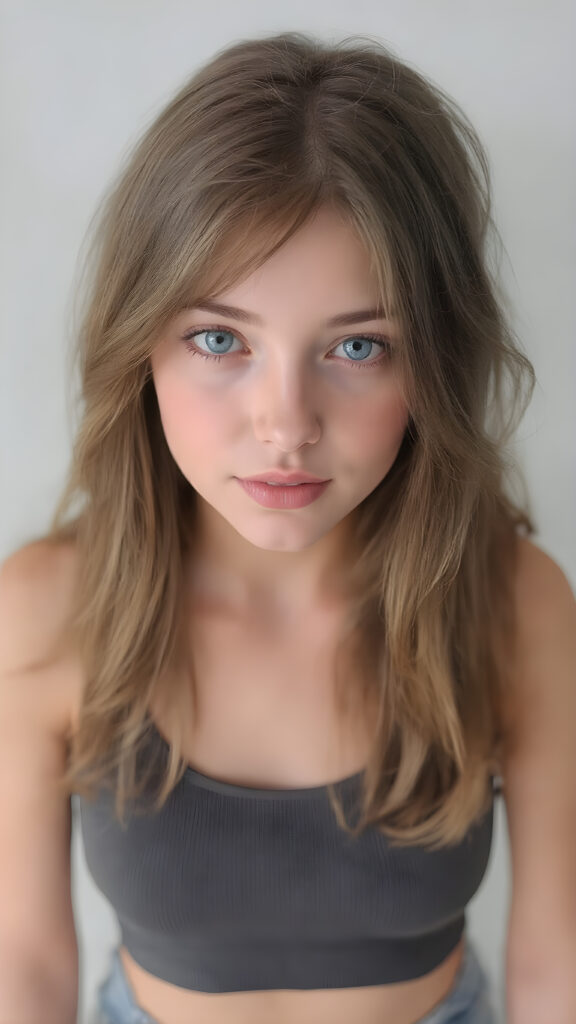 generate me a beautiful, detailed and realistic girl with soft hair, round, beautiful face, light blue eyes, plump lips, full mouth, perfect body, she wears a short, tight cropped tank top with deep neck, shows off her belly button, has a feminine shaped body, she wears short, tight jeans pants, her smooth legs are flawless, ((side view)), white teeth and smile, grey backdrop