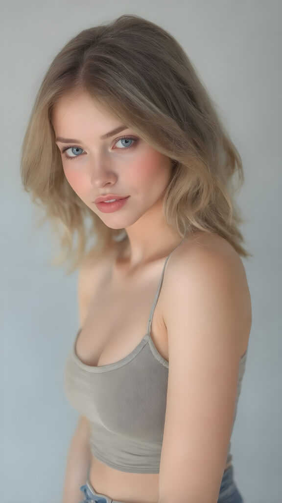 generate me a beautiful, detailed and realistic girl with soft hair, round, beautiful face, light blue eyes, plump lips, full mouth, perfect body, she wears a short, tight cropped tank top with deep neck, shows off her belly button, has a feminine shaped body, she wears short, tight jeans pants, her smooth legs are flawless, ((side view)), white teeth and smile, grey backdrop