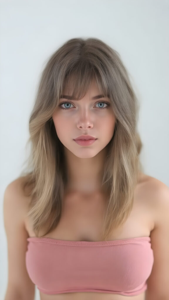 full body, generate me a beautiful, detailed and realistic girl with soft hair, round, beautiful face, light blue eyes, plump lips, full mouth, perfect upper body, she wears a short, tight top, shows off her belly button, has a feminine shaped body, she wears short, tight jeans pants, her smooth legs are flawless