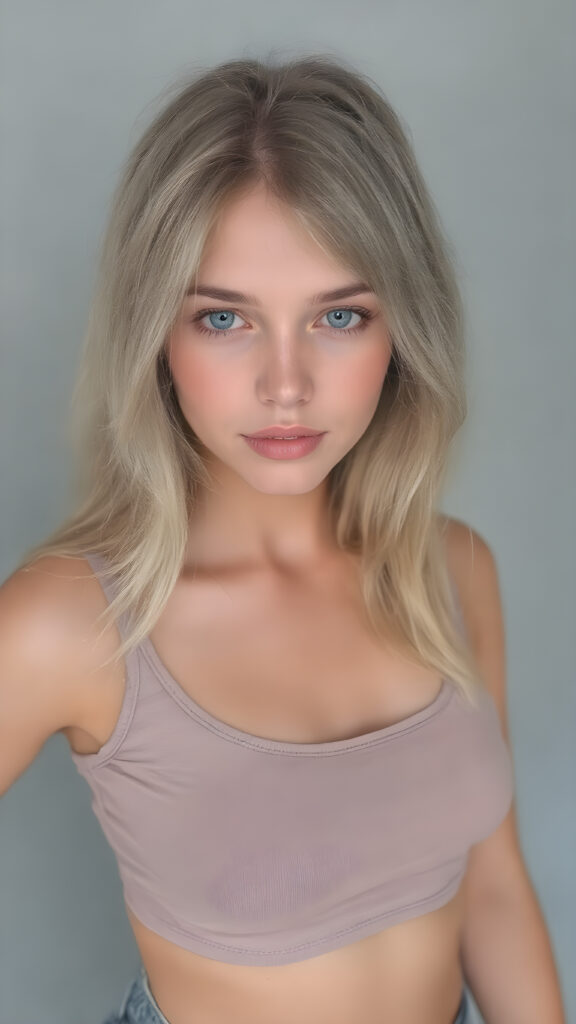 generate me a beautiful, detailed and realistic girl with soft hair, round, beautiful face, light blue eyes, plump lips, full mouth, perfect body, she wears a short, tight cropped tank top with deep neck, shows off her belly button, has a feminine shaped body, she wears short, tight jeans pants, her smooth legs are flawless, ((side view)), white teeth and smile, grey backdrop