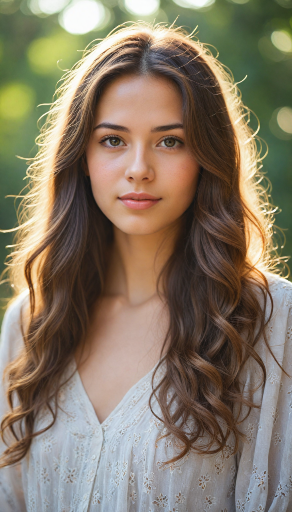 a captivating portrait of a young girl with long, flowing hair that shimmers like silk, cascading over her shoulders. Her round face radiates warmth, framed by delicate strands of hair, while her enchanting, expressive eyes sparkle with curiosity and wonder. Full, rosy lips curve into a gentle smile, inviting connection. The background blurs into a dreamy bokeh of pastel colors, reminiscent of Impressionist paintings, evoking a sense of whimsy and innocence. Sunlight filters softly through, casting a golden glow and enhancing the ethereal quality of this moment.