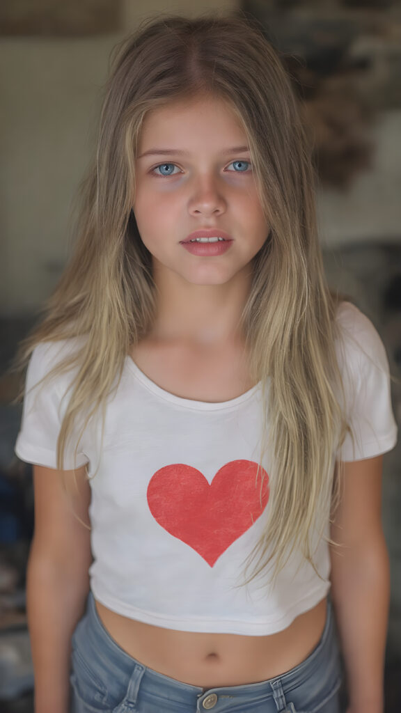 a full body photo from a gentle young girl with flawless skin, long soft hair falls over her upper body, shiny beautiful blue eyes, small nose, full plump lips, mouth slightly open with shining white teeth, round face, she wears a white short cropped t-shirt with a red heart, deep v-neck, short denim jeans pants, perfect legs