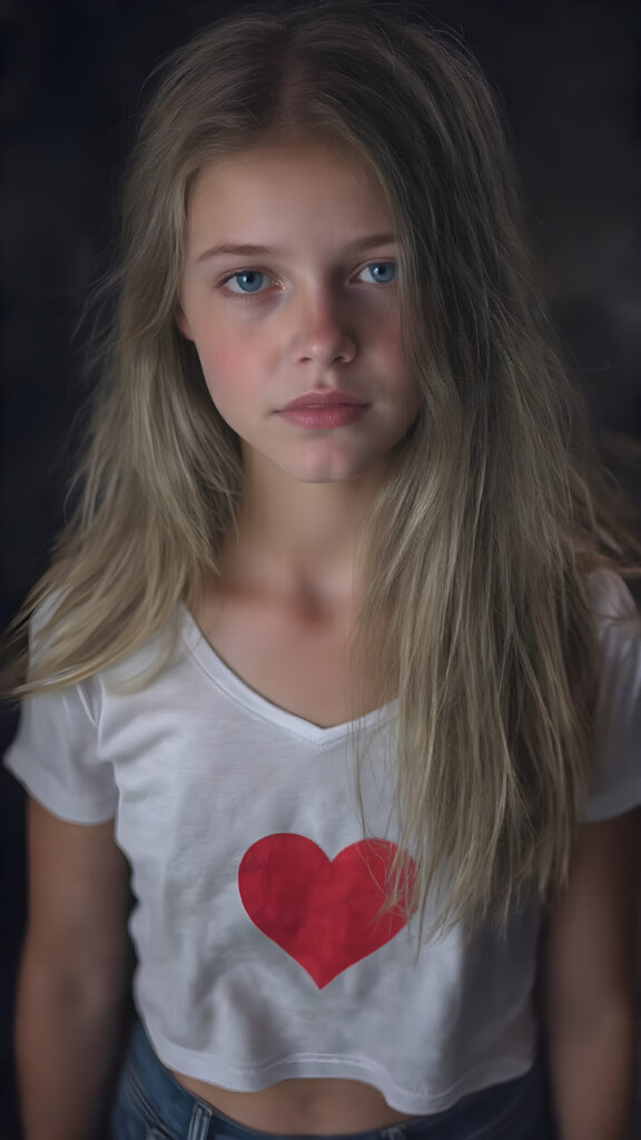 a full body photo from a gentle young girl with flawless skin, long soft hair falls over her upper body, shiny beautiful blue eyes, small nose, full plump lips, mouth slightly open with shining white teeth, round face, she wears a white short cropped t-shirt with a red heart, deep v-neck, short denim jeans pants, perfect legs