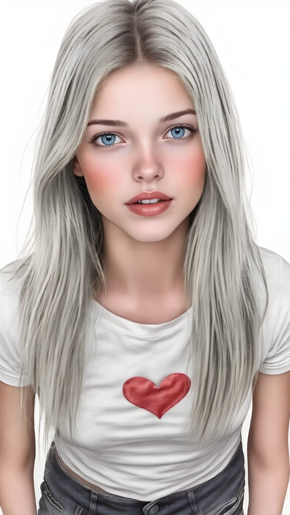 a full body photo from a gentle young girl with flawless skin, long soft hair falls over her upper body, shiny beautiful blue eyes, small nose, full plump lips, mouth slightly open with shining white teeth, round face, she wears a white short cropped t-shirt with a red heart, deep v-neck, short denim jeans pants, perfect legs