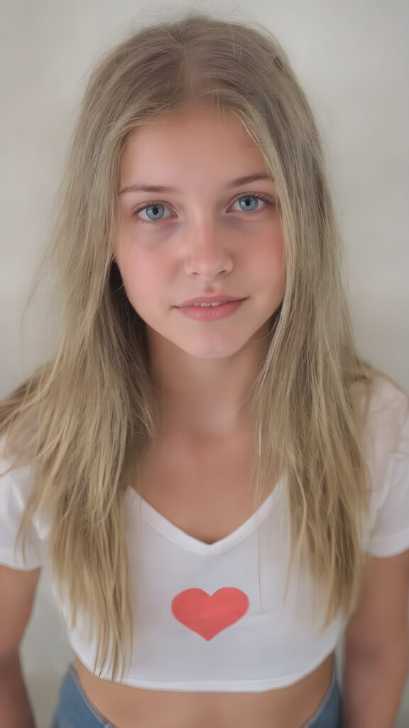 a full body photo from a gentle young girl with flawless skin, long soft hair falls over her upper body, shiny beautiful blue eyes, small nose, full plump lips, mouth slightly open with shining white teeth, round face, she wears a white short cropped t-shirt with a red heart, deep v-neck, short denim jeans pants, perfect legs