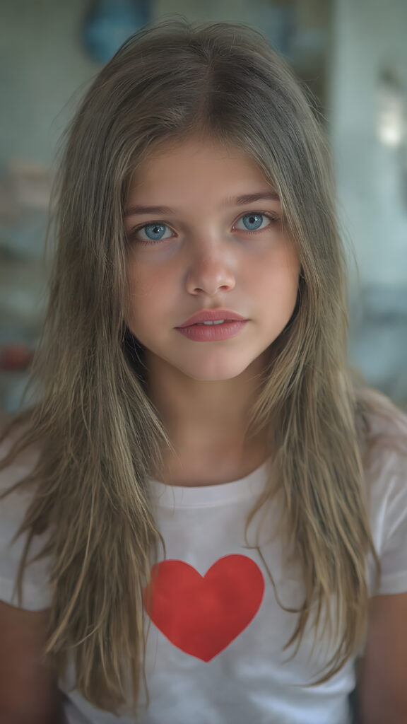 a full body photo from a gentle young girl with flawless skin, long soft hair falls over her upper body, shiny beautiful blue eyes, small nose, full plump lips, mouth slightly open with shining white teeth, round face, she wears a white short cropped t-shirt with a red heart, deep v-neck, short denim jeans pants, perfect legs