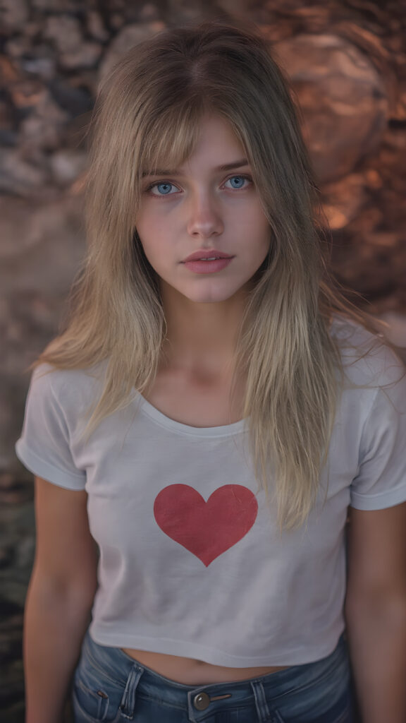 a full body photo from a gentle young girl with flawless skin, long soft hair falls over her upper body, shiny beautiful blue eyes, small nose, full plump lips, mouth slightly open with shining white teeth, round face, she wears a white short cropped t-shirt with a red heart, deep v-neck, short denim jeans pants, perfect legs