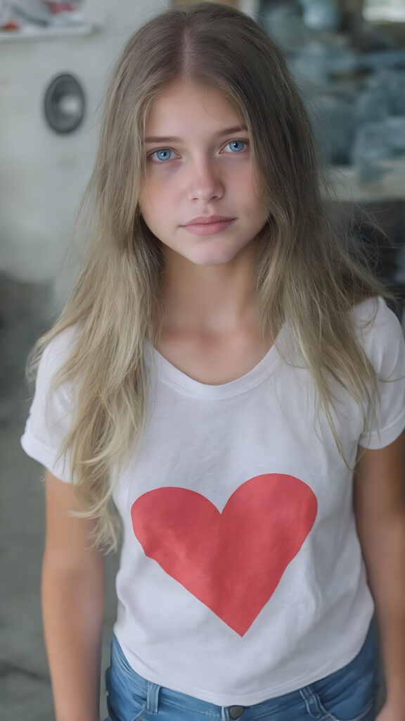 a full body photo from a gentle young girl with flawless skin, long soft hair falls over her upper body, shiny beautiful blue eyes, small nose, full plump lips, mouth slightly open with shining white teeth, round face, she wears a white short cropped t-shirt with a red heart, deep v-neck, short denim jeans pants, perfect legs