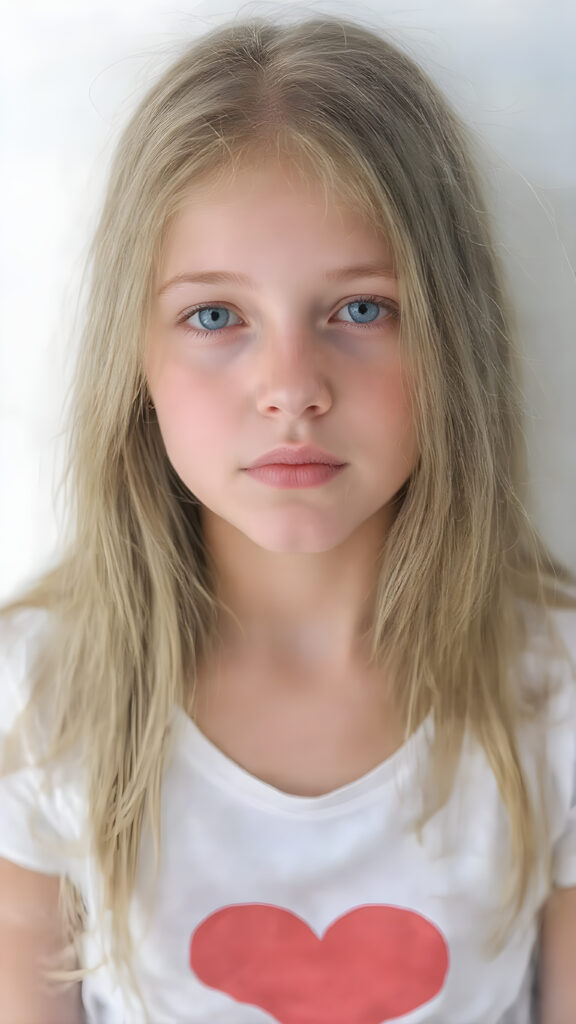 a full body photo from a gentle young girl with flawless skin, long soft hair falls over her upper body, shiny beautiful blue eyes, small nose, full plump lips, mouth slightly open with shining white teeth, round face, she wears a white short cropped t-shirt with a red heart, deep v-neck, short denim jeans pants, perfect legs