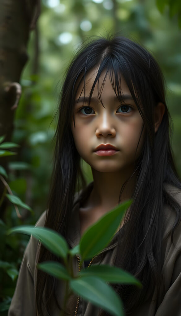 girl, straight hair, poor dressed, photo, nature, rain, green, forest, little village