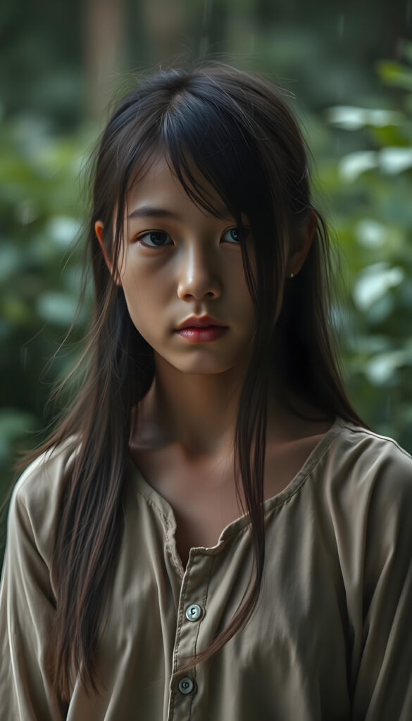 girl, straight hair, poor dressed, photo, nature, rain, green, forest, little village