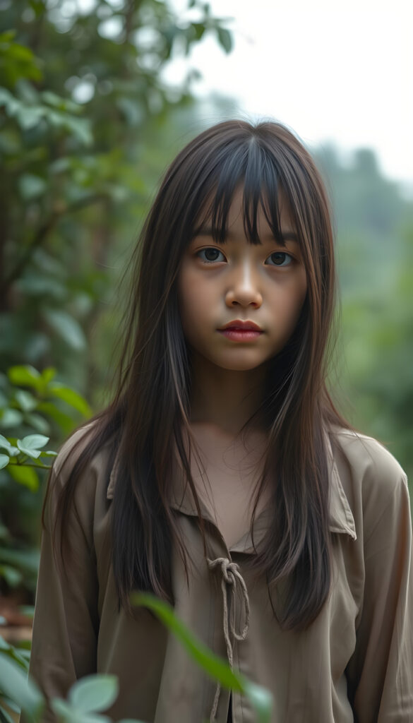 girl, straight hair, poor dressed, photo, nature, rain, green, forest, little village
