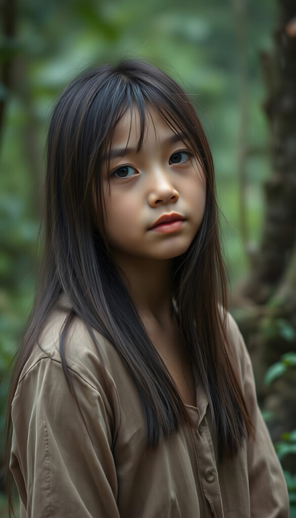 girl, straight hair, poor dressed, photo, nature, rain, green, forest, little village