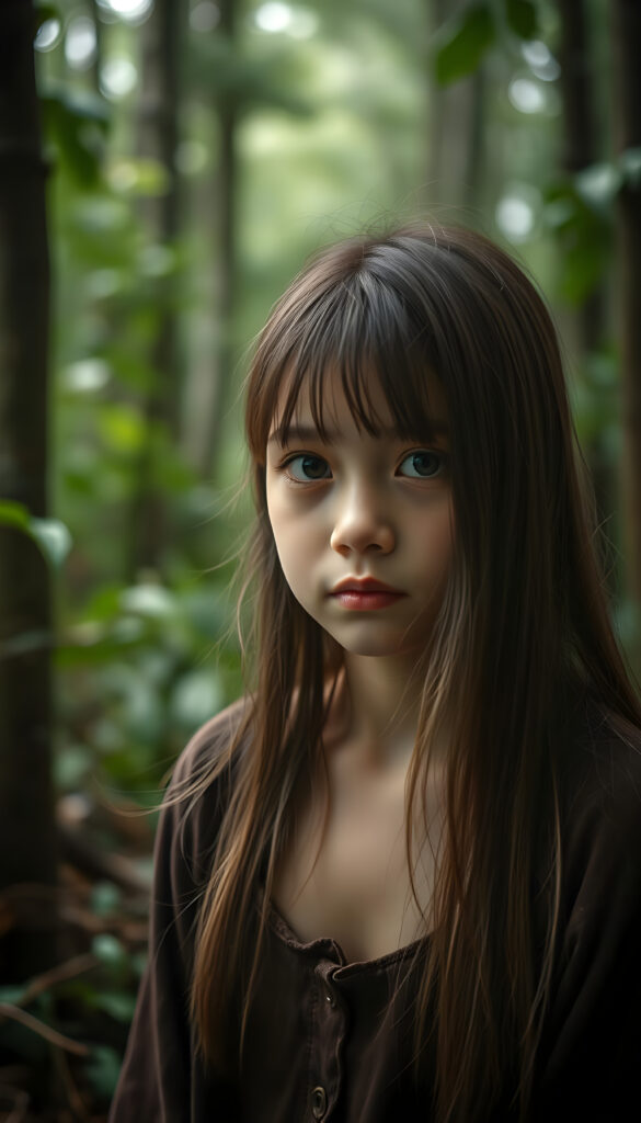 girl, straight hair, poor dressed, photo, nature, rain, green, forest, little village