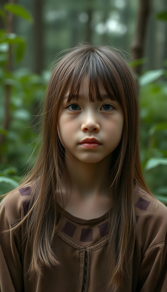 girl, straight hair, poor dressed, photo, nature, rain, green, forest, little village