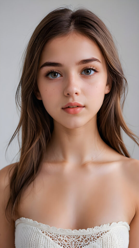 gorgeous, stunning, realistic, a cute petite teen girl, perfect portrait, upper body, detailed face, straight hair, detailed eyes, full lips, super short crop top, perfect curved body, white background
