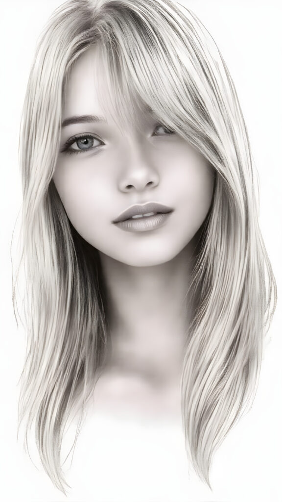 ((hand drawing)) a breathtakingly beautiful (((full body shot))) of a young adult teen girl, with luxuriantly flowing, straight, soft hair framing her exquisite face, gazing joyfully at the viewer. Her figure is strikingly poised, exuding an air of youthful vitality