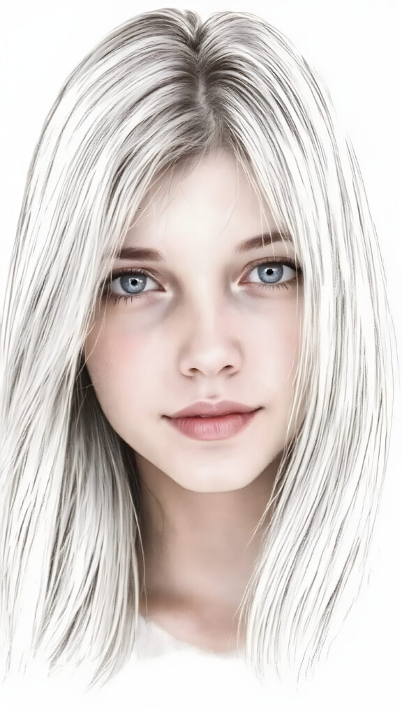 ((hand drawing)) a breathtakingly beautiful (((full body shot))) of a young adult girl, age 18, with luxuriantly flowing, straight, soft white hair framing her exquisite face, gazing joyfully at the viewer. Her figure is strikingly poised, exuding an air of youthful vitality