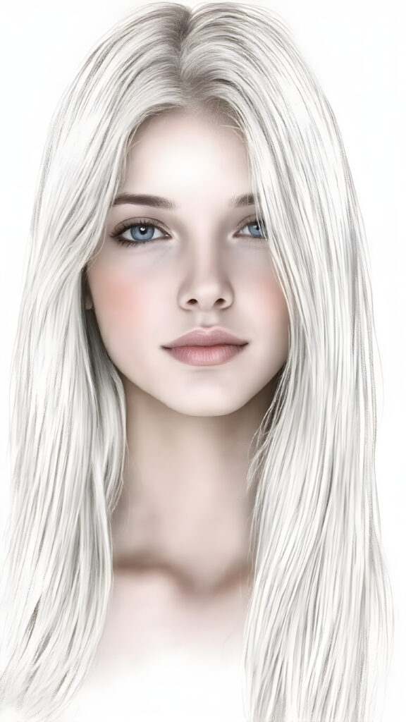 ((hand drawing)) a breathtakingly beautiful (((full body shot))) of a young adult girl, age 18, with luxuriantly flowing, straight, soft white hair framing her exquisite face, gazing joyfully at the viewer. Her figure is strikingly poised, exuding an air of youthful vitality