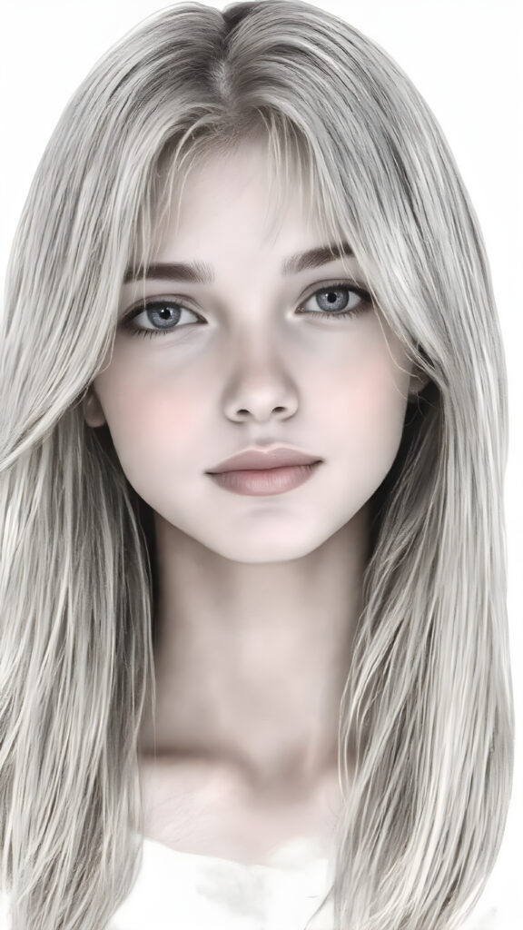 ((hand drawing)) a breathtakingly beautiful (((full body shot))) of a young adult girl, age 18, with luxuriantly flowing, straight, soft white hair framing her exquisite face, gazing joyfully at the viewer. Her figure is strikingly poised, exuding an air of youthful vitality