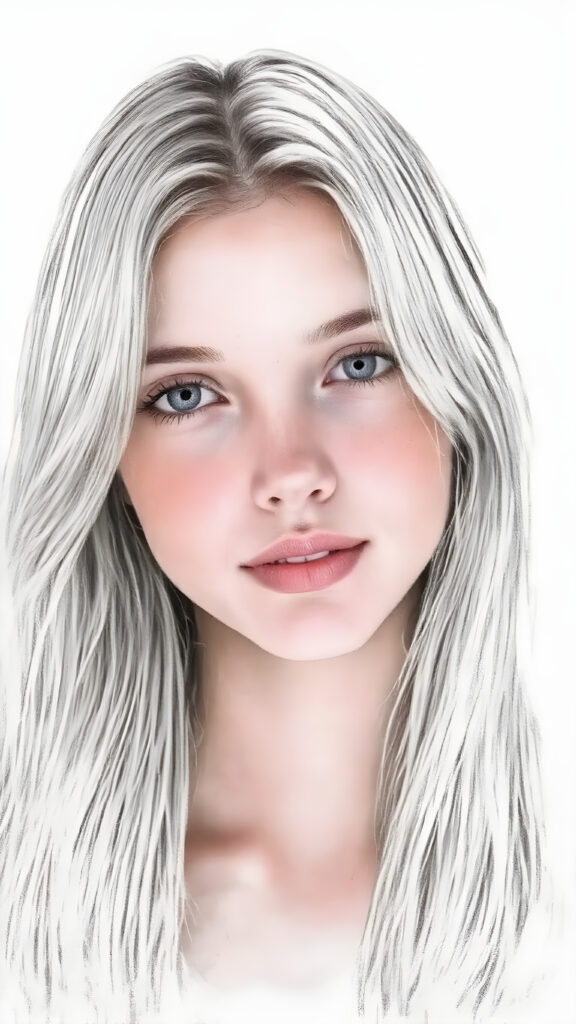 ((hand drawing)) a breathtakingly beautiful (((full body shot))) of a young adult girl, age 18, with luxuriantly flowing, straight, soft white hair framing her exquisite face, gazing joyfully at the viewer. Her figure is strikingly poised, exuding an air of youthful vitality