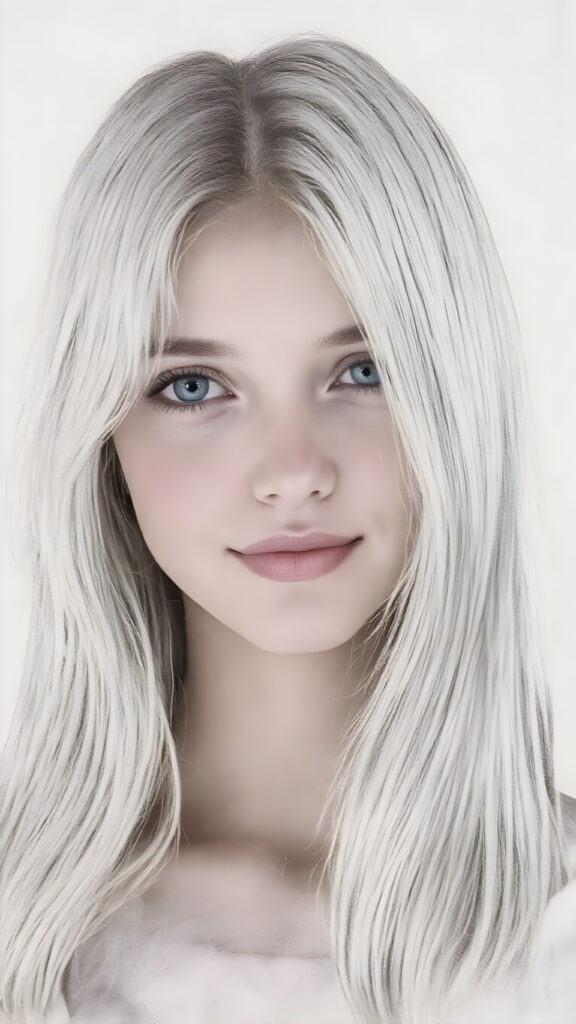 ((hand drawing)) a breathtakingly beautiful (((full body shot))) of a young adult girl, age 18, with luxuriantly flowing, straight, soft white hair framing her exquisite face, gazing joyfully at the viewer. Her figure is strikingly poised, exuding an air of youthful vitality