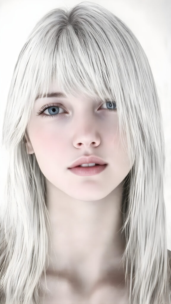 ((hand drawing)) a breathtakingly beautiful (((full body shot))) of a young adult girl, age 18, with luxuriantly flowing, straight, soft white hair framing her exquisite face, gazing joyfully at the viewer. Her figure is strikingly poised, exuding an air of youthful vitality