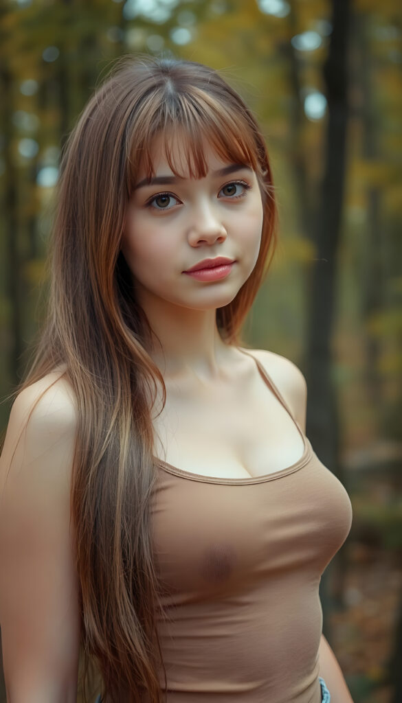 high detailed and realistic (upper body portrait) from a breathtakingly beautiful natural busty (girl) her cheerful nature makes you happy, with warm amber eyes and luxuriously thick (light brown detailed long smooth straight hair, bangs), full detailed natural lips, (wears a light brown form-fitting plain tank top that support her perfect body, stands in an autumnal forest)