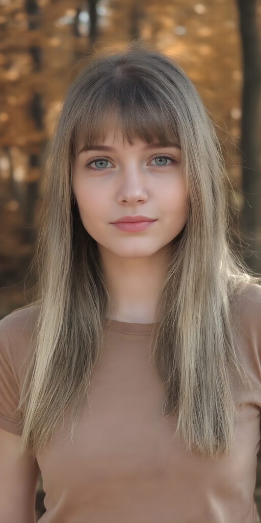high detailed and realistic ((upper body portrait)) from a breathtakingly beautiful natural young (((girl))) her cheerful nature makes you happy, with warm amber eyes and luxuriously thick (((white soft detailed long smooth straight hair, bangs))), full detailed natural lips, ((wears a light brown form-fitting plain thin t-shirt that support her perfect body, stands in an autumnal forest))