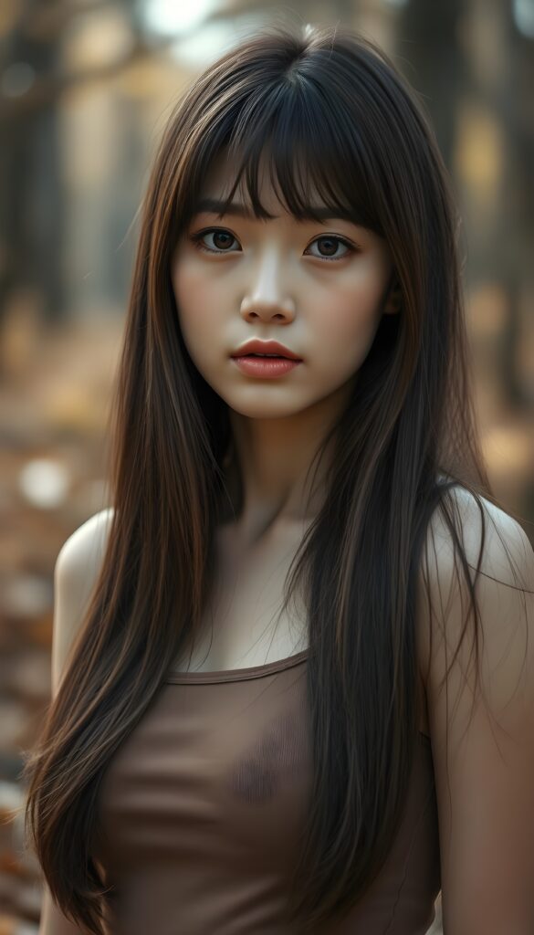 high detailed and realistic (upper body portrait) from a breathtakingly beautiful natural (girl) her cheerful nature makes you happy, with warm amber eyes and luxuriously thick (light brown detailed long smooth straight hair, bangs), full detailed natural lips, (wears a light brown form-fitting plain tank top that support her perfect body, stands in an autumnal forest)