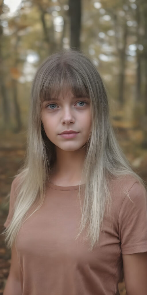 high detailed and realistic ((upper body portrait)) from a breathtakingly beautiful natural young (((girl))) her cheerful nature makes you happy, with warm amber eyes and luxuriously thick (((white soft detailed long smooth straight hair, bangs))), full detailed natural lips, ((wears a light brown form-fitting plain thin t-shirt that support her perfect body, stands in an autumnal forest))