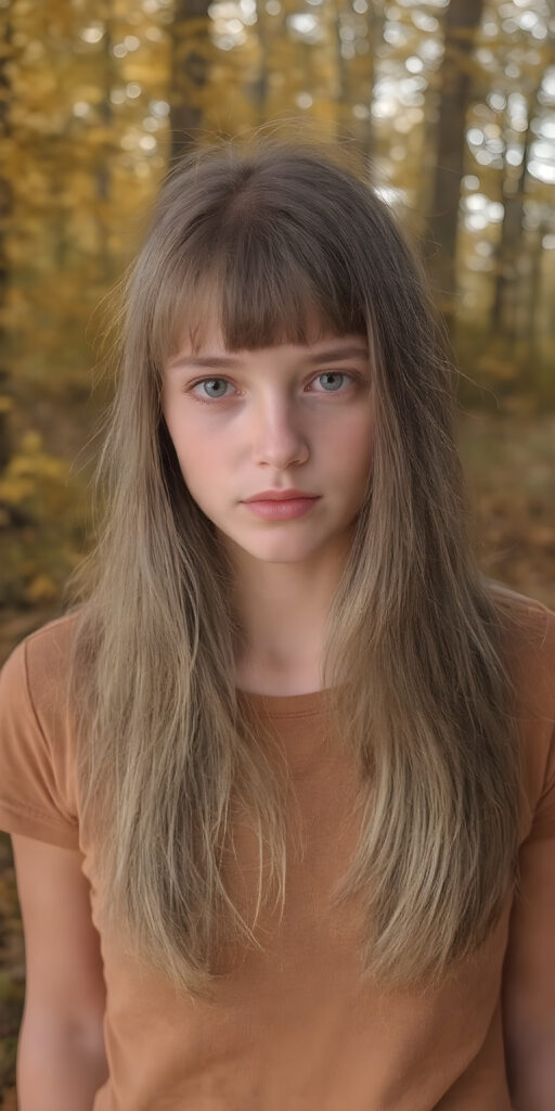 high detailed and realistic ((upper body portrait)) from a breathtakingly beautiful natural young (((girl))) her cheerful nature makes you happy, with warm amber eyes and luxuriously thick (((white soft detailed long smooth straight hair, bangs))), full detailed natural lips, ((wears a light brown form-fitting plain thin t-shirt that support her perfect body, stands in an autumnal forest))
