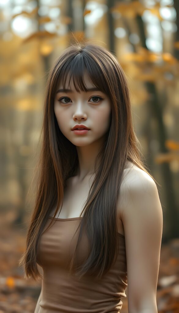 high detailed and realistic (upper body portrait) from a breathtakingly beautiful natural (girl) her cheerful nature makes you happy, with warm amber eyes and luxuriously thick (light brown detailed long smooth straight hair, bangs), full detailed natural lips, (wears a light brown form-fitting plain tank top that support her perfect body, stands in an autumnal forest)