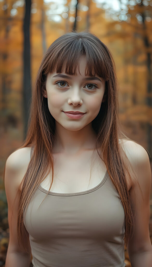 high detailed and realistic (upper body portrait) from a breathtakingly beautiful natural well busty (young girl) her cheerful nature makes you happy, with warm amber eyes and luxuriously thick (light brown detailed long smooth straight hair, bangs), full detailed natural lips, (wears a light brown form-fitting plain tank top that support her perfect body, stands in an autumnal forest), side view